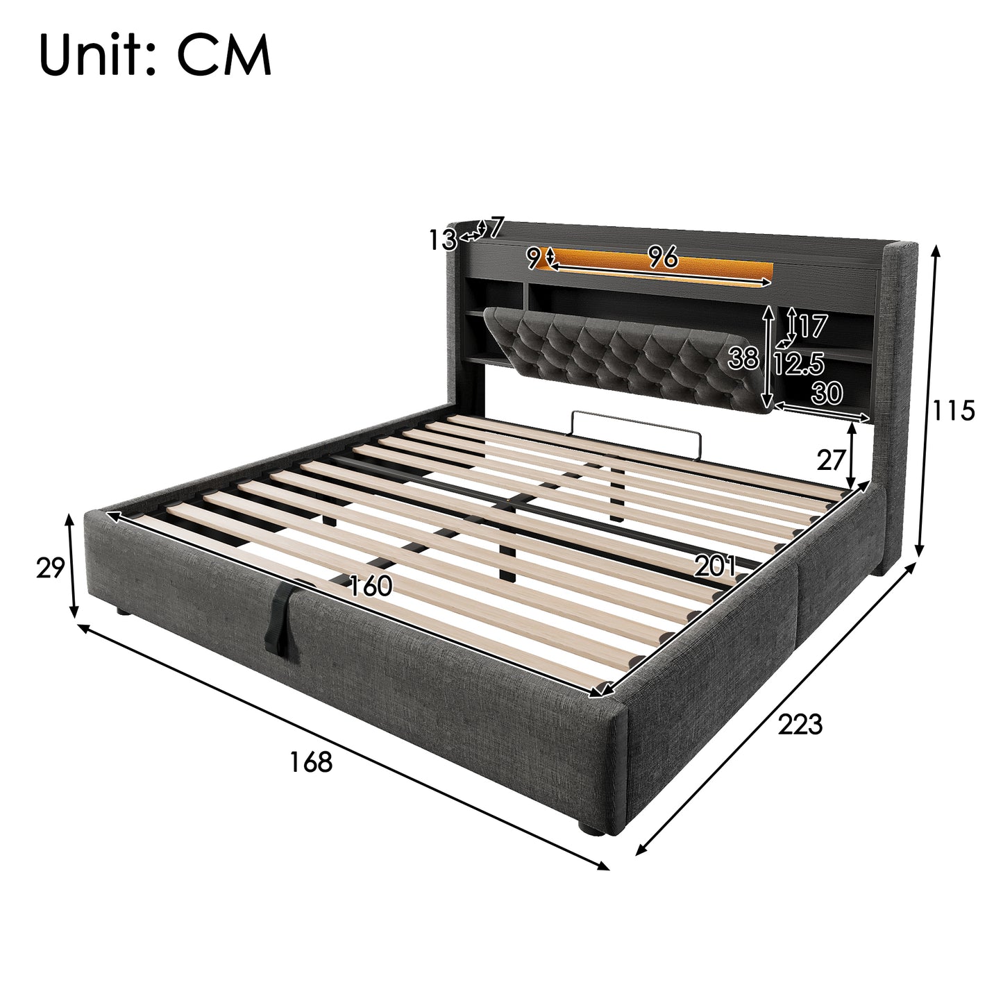 Upholstered Bed 160x200cm With Hydraulic Bed Base & LED Lighting, Bed Frame With USB Type-C Charging Function, Headboard With Shelf & Storage Space, Linen Fabric, Grey  Without Mattress