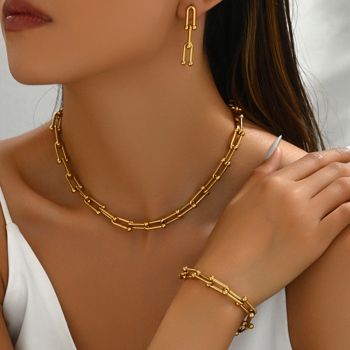 Cross-Border European Style Jewelry Set For Women, Minimalist U-Shaped Horseshoe Buckle Spliced Necklace Earrings Bracelet, Versatile Fashion Jewelry Wholesale