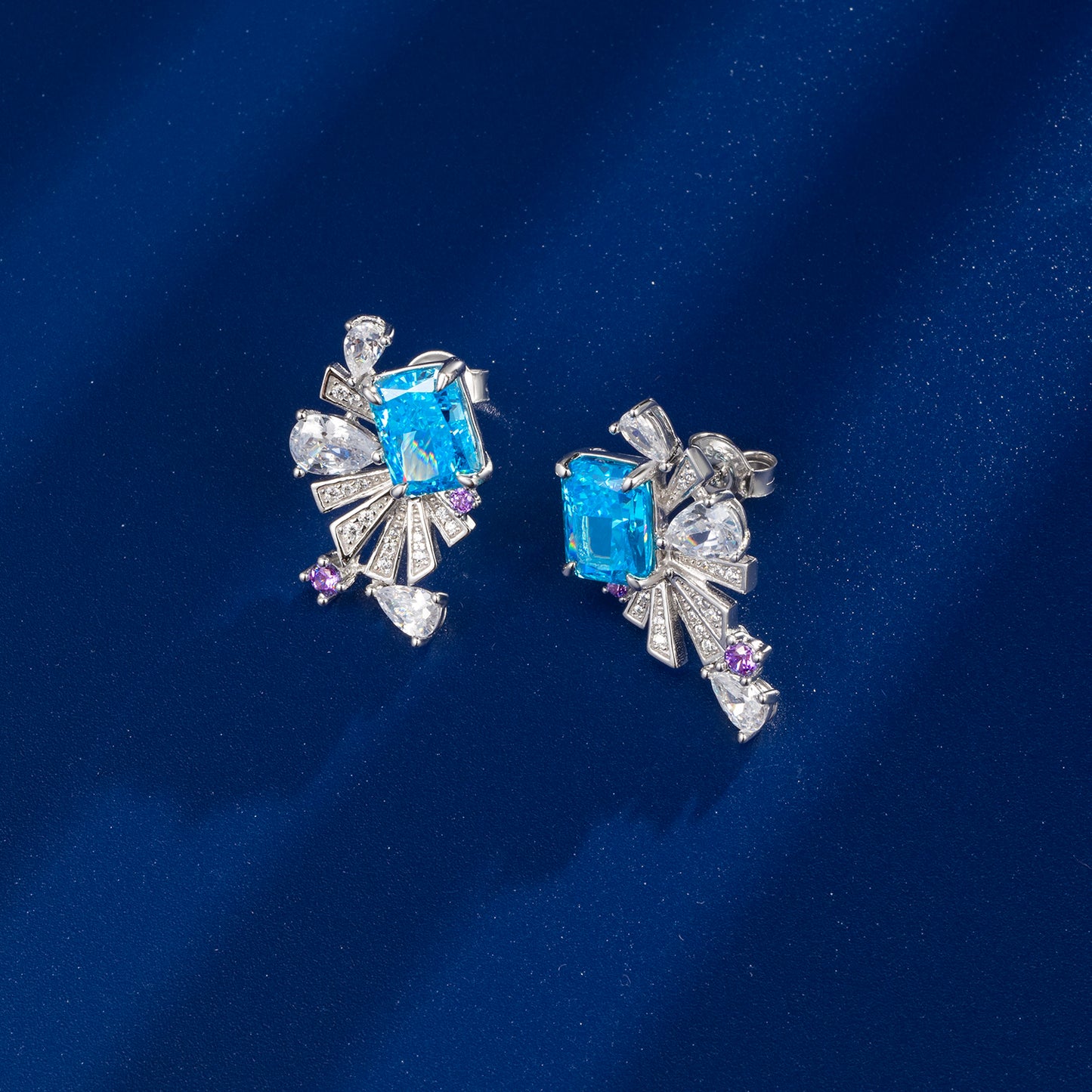 S925 Sterling Silver Art Deco Fan Drop Earrings, 8x6mm Lab-Grown Ruby Emerald Paraiba & Blue Diamond, Platinum Plated 5g Women's Fine Jewelry Gift Box