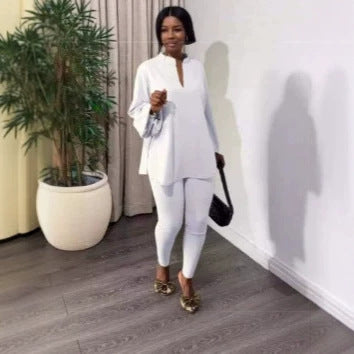 New Solid Color Split V-Neck Top & Skinny Pants Elegant Two-Piece Outfit