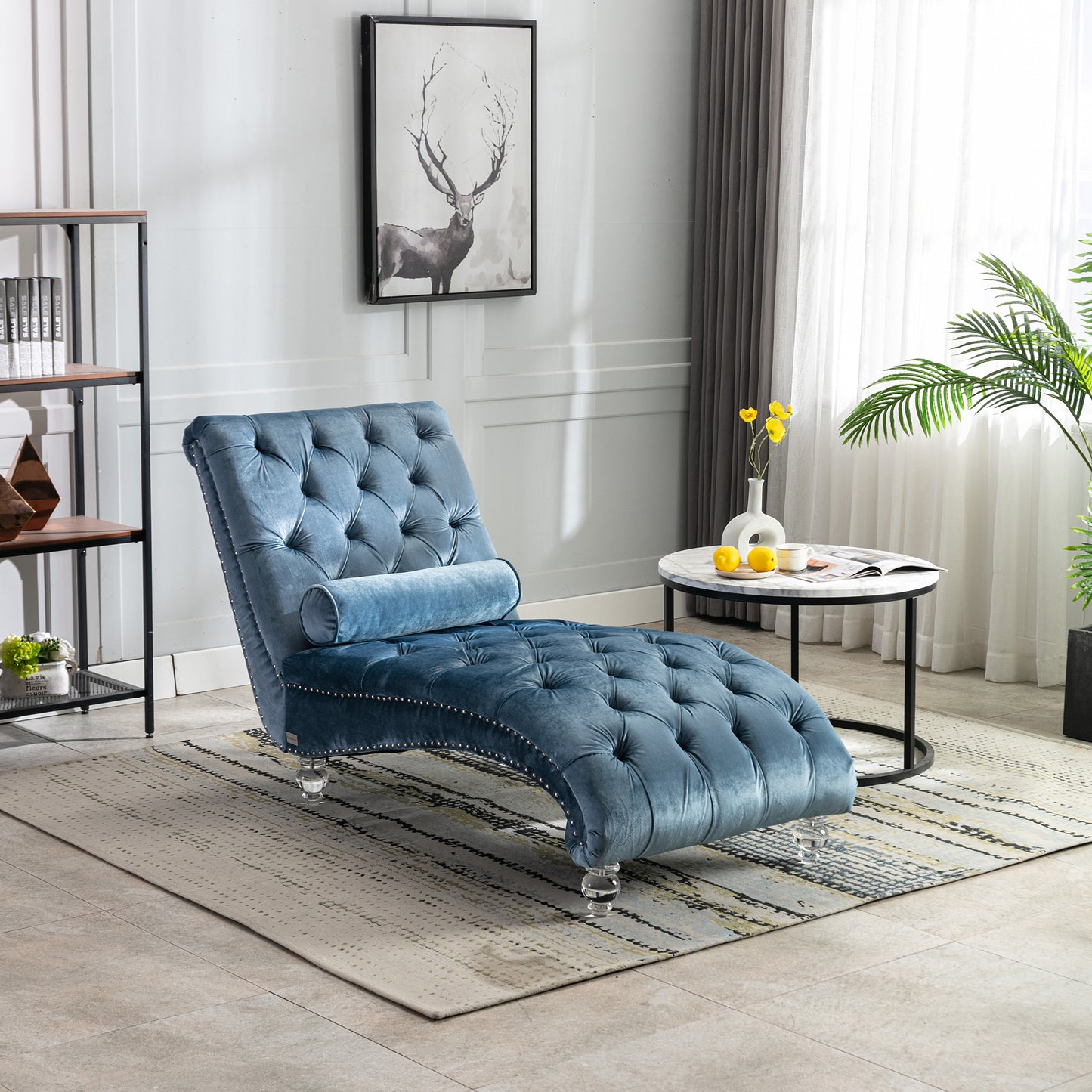 Velvet Chaise Lounge Indoor,Button-Tufted Upholstered Chaise Lounge Chair With Pillow For Bedroom Living Room Office  Light Blue Velvet
