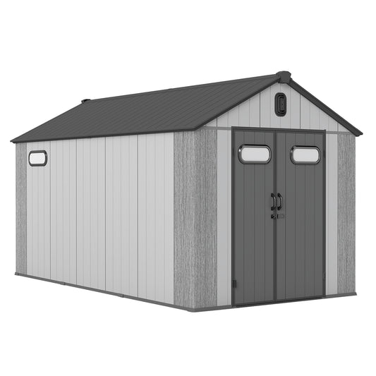 8x14Ft Resin Outdoor Storage Shed, Plastic Garden Shed With Carpet, Outside Weatherproof Storage Building For Tools, Bike, Lawn Mower, Patio,