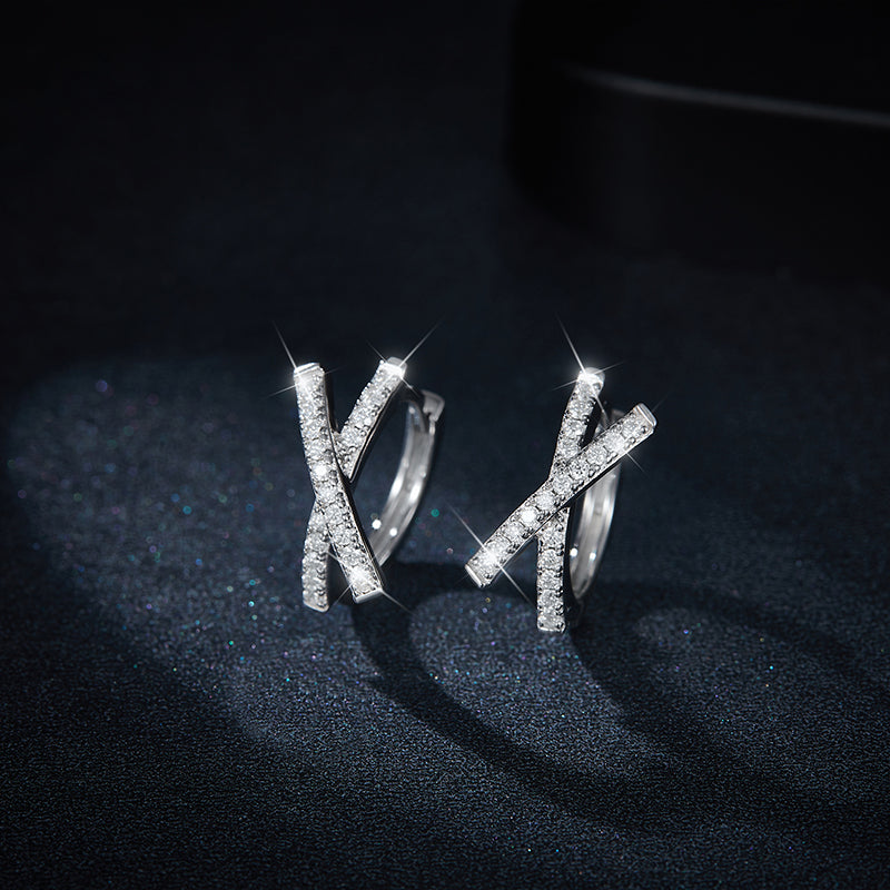 S925 Sterling Silver Moissanite Cross Hoop Earrings  Platinum Plated Pave Huggie Earrings With GRA Certificate Minimalist Jewelry Gift Box Set For Women