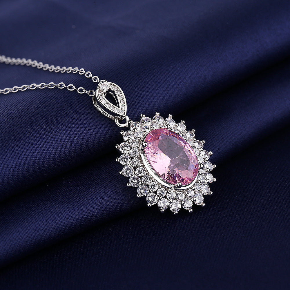 Europe And The United States Cross-border Wish Best Selling Diamond Egg-shaped Powder Zirconium Single Pendant Sunflower Necklace Temperament Female Cross Chain