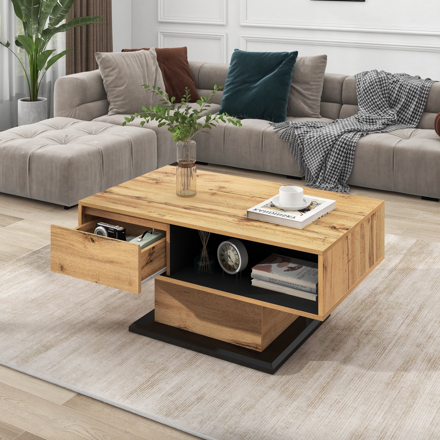 Wood Grain Coffee Table, With A Handleless Drawer, A Storage Compartment And Rear Storage Compartment, Double-sided Storage. Office, Living Room Coffee Table, Large Storage Space.