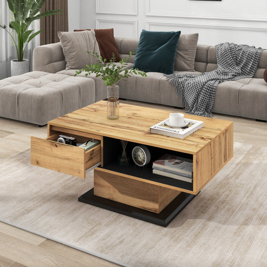 Wood Grain Coffee Table, With A Handleless Drawer, A Storage Compartment And Rear Storage Compartment, Double-sided Storage. Office, Living Room Coffee Table, Large Storage Space.