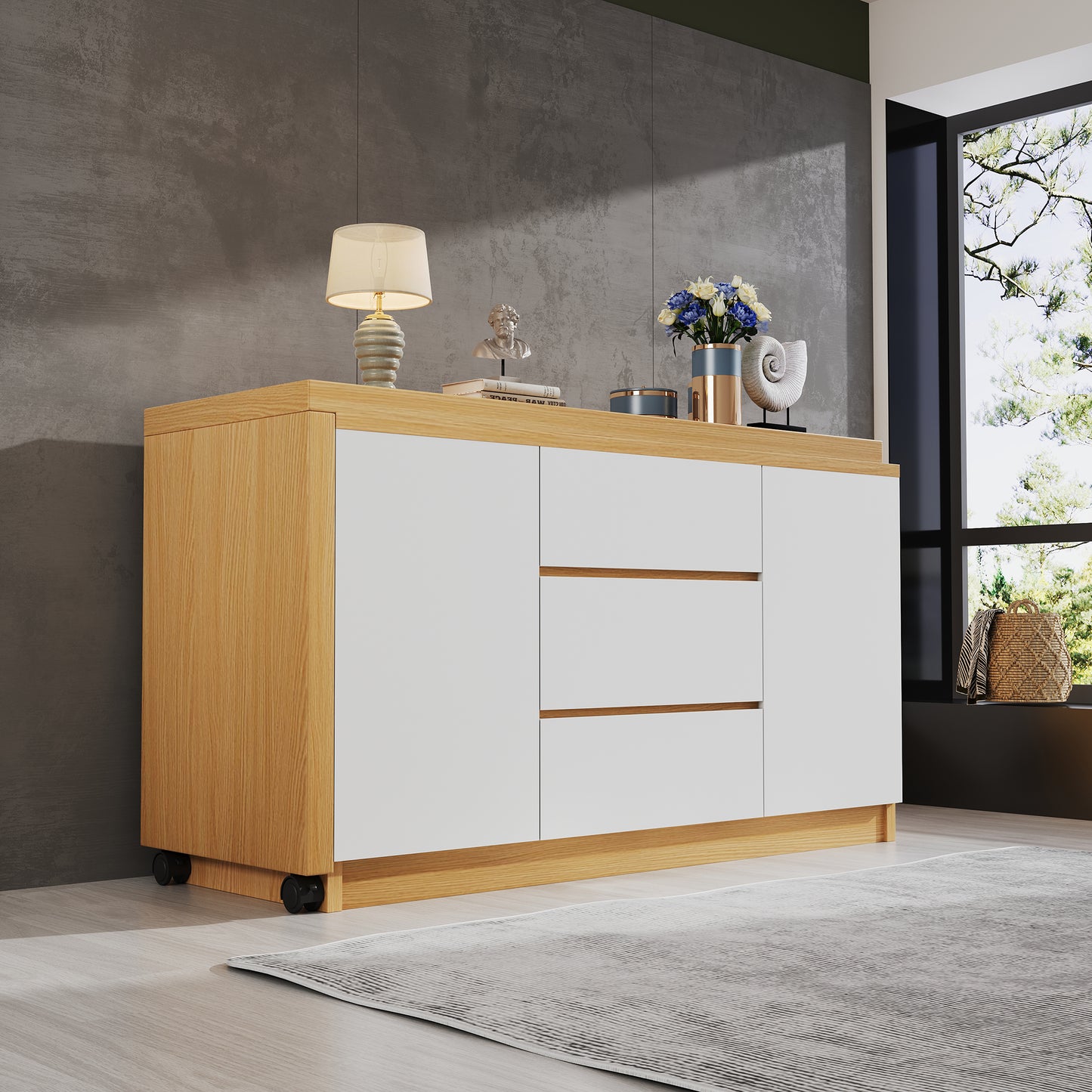 Desk With Lockable Castors  Multifunctional Design, 4 Cm Thicker, Swivel Table Top, Firmly Lockable, White Oak, Foldable Desk, Corner Desk, Sideboard, Thick Material
