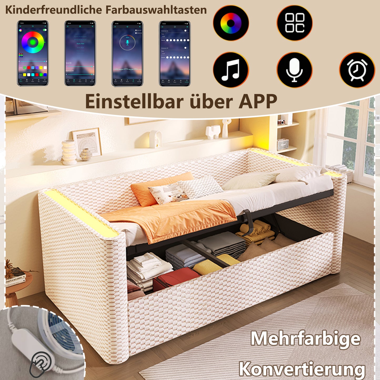 Daybed, Daybed, Sofa Bed, 90 X 200 Cm, With LED Lighting, With Hydraulic Storage Mechanism, Slatted Base  Without Mattress , Velvet, Beige