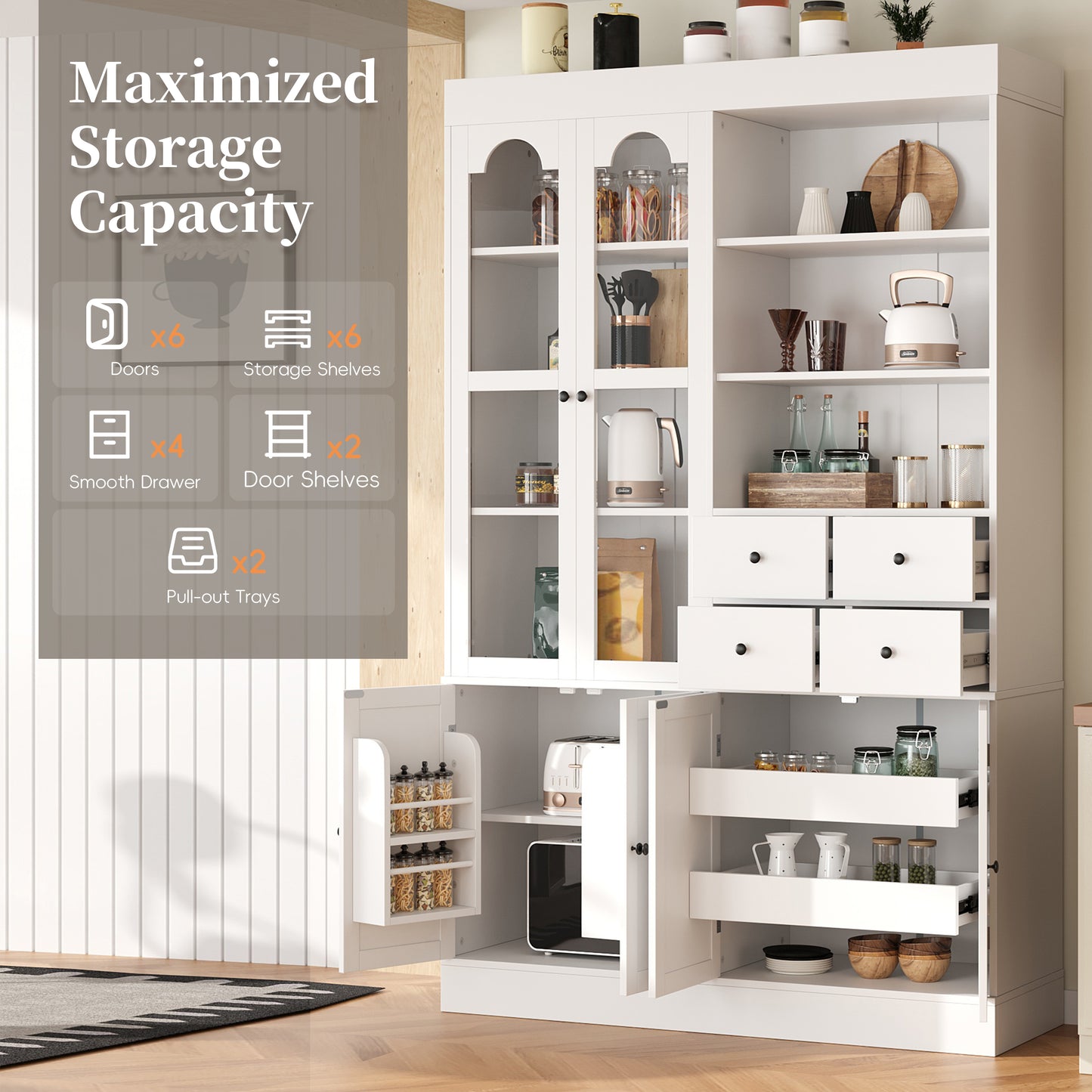 TOPMAx 47.2x15.7x75inch Freestanding Buffet With Hutch  Tall Kitchen Pantry Cabinet With 4 Drawers  Door Shelves And Pull- Out Trays For Dining Room  Living Room  White