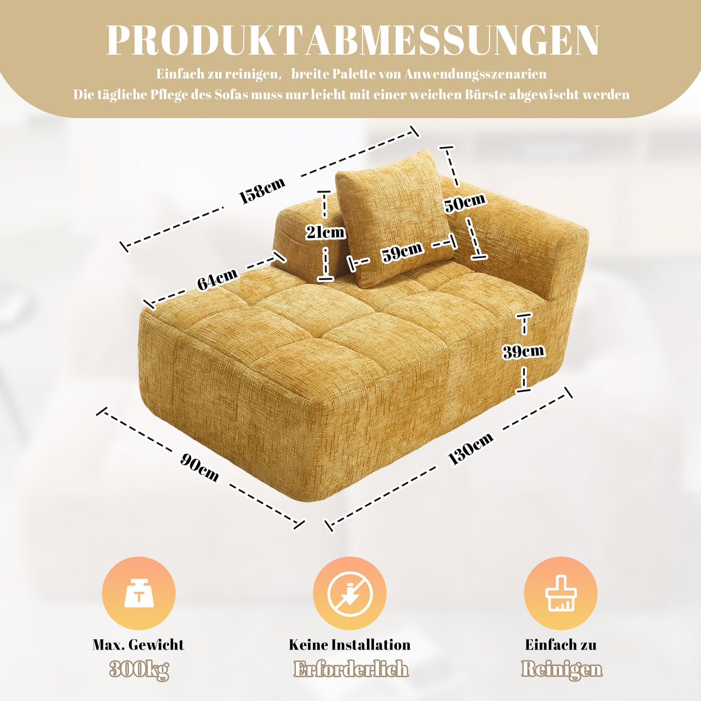 Comfortable Chaise Longue Sofa, No Assembly Required, Soft Sofa With Cushions, Side Pockets For Remote Control And Mobile Phone, Neat And Stylish, Yellow