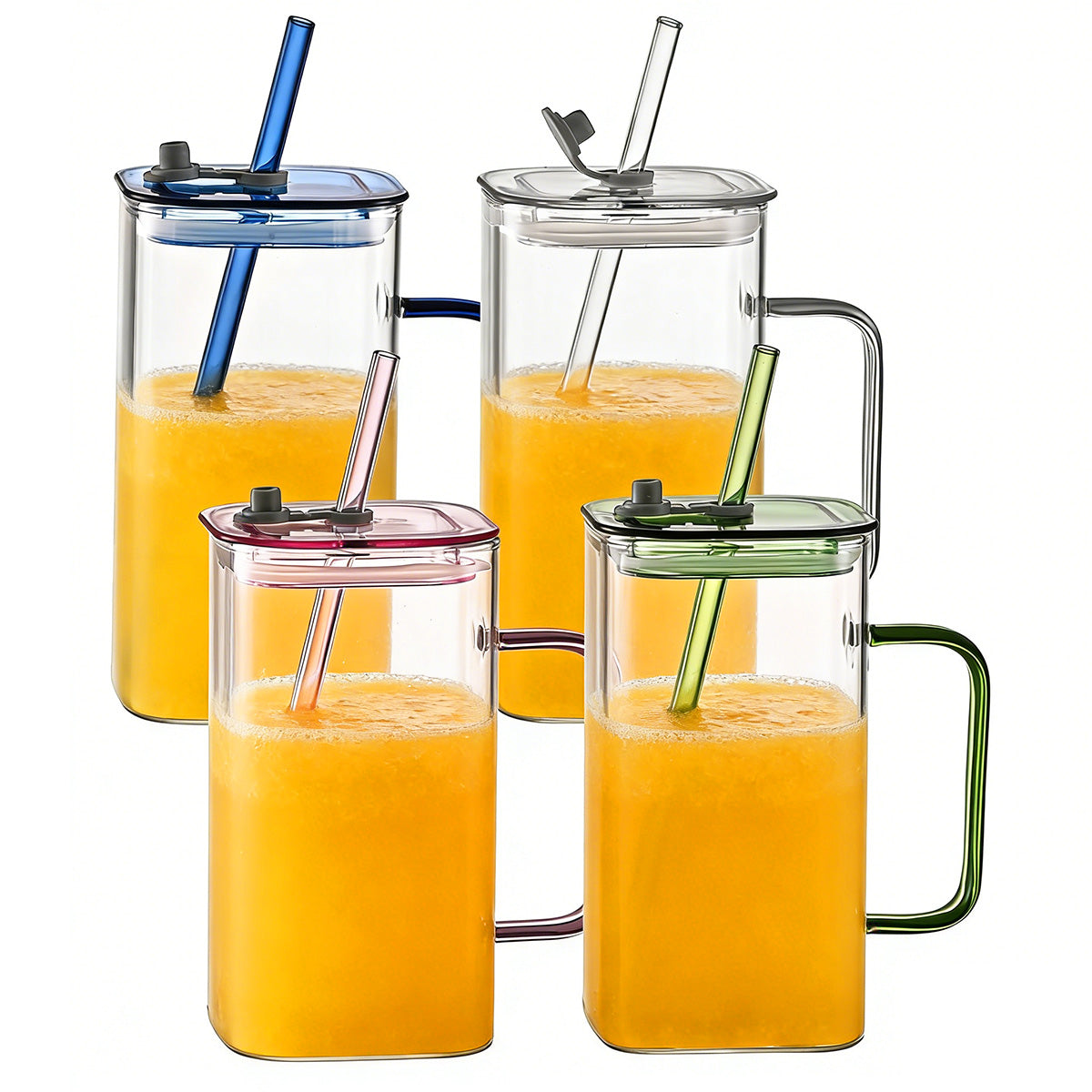 1 Pcs Transparent Glass Straw Cup, 4 Colors Square Glass Cup With Straw And Lid, High Borosilicate Glass Cup, Milk Cup, Juice Cup, Cold Drink Cup, Coffee Cup, Tea Cup, Office Cup, Gift Cup
