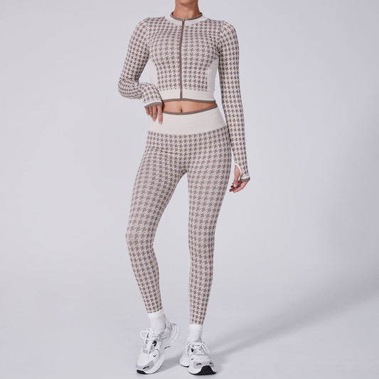 High Waist Houndstooth Yoga Suit Sports Fashion