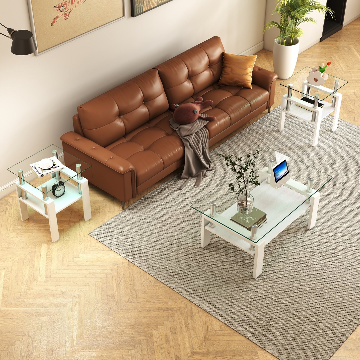 Set Of 2 Modern Tempered Glass Tea Table,Tempered Glass Tabletop With MDF Layer,Coffee Table,End Table, Square Table For Living Room, Transparent White