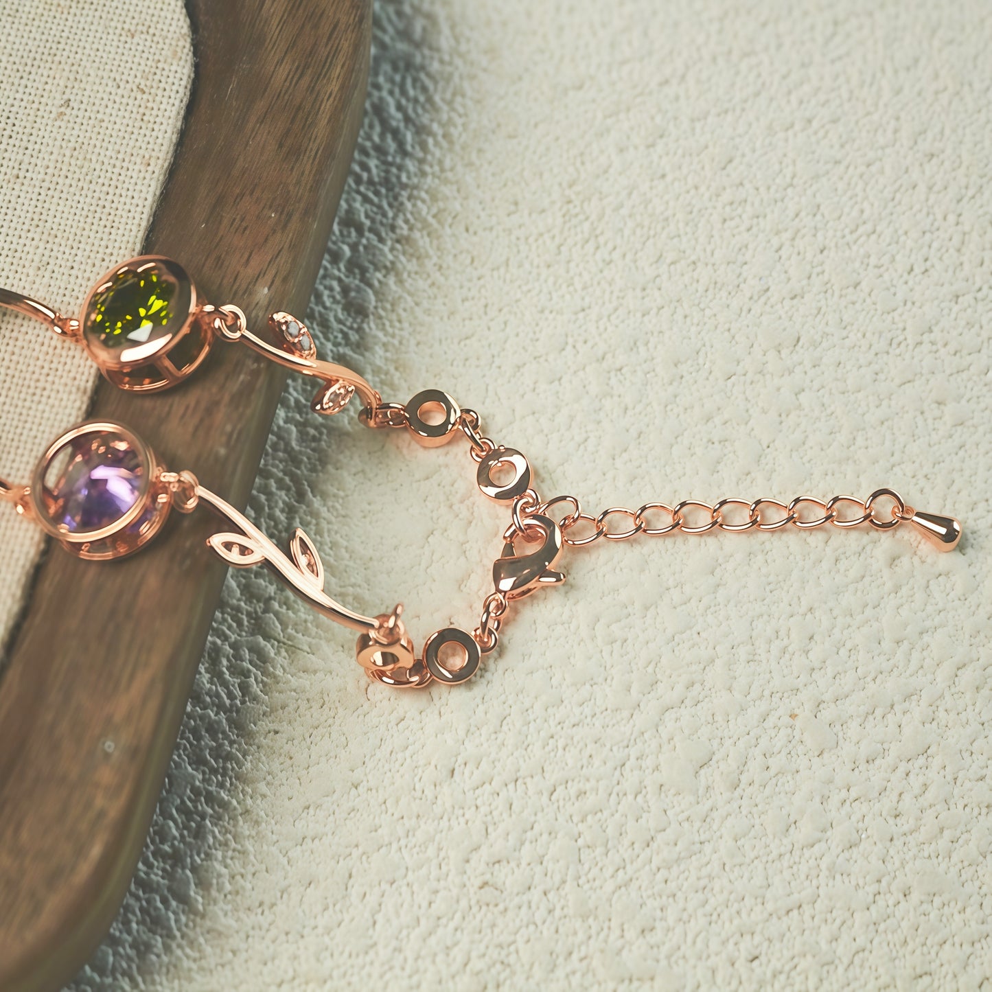 Rose Gold Branch Leaf Multicolor CZ Link Bracelet For Women, Copper Plated Silver Adjustable Extension Chain Floral Gem Wedding Daily Jewelry Gift