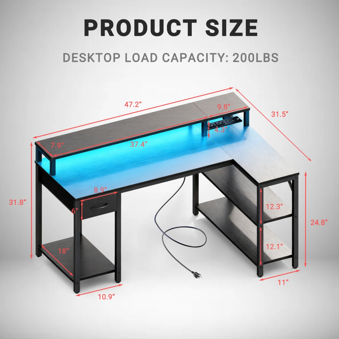 53-inch Gaming Table With USB Charging Port And LED Light, Reversible L-shaped Table With Power Socket And Monitor Stand