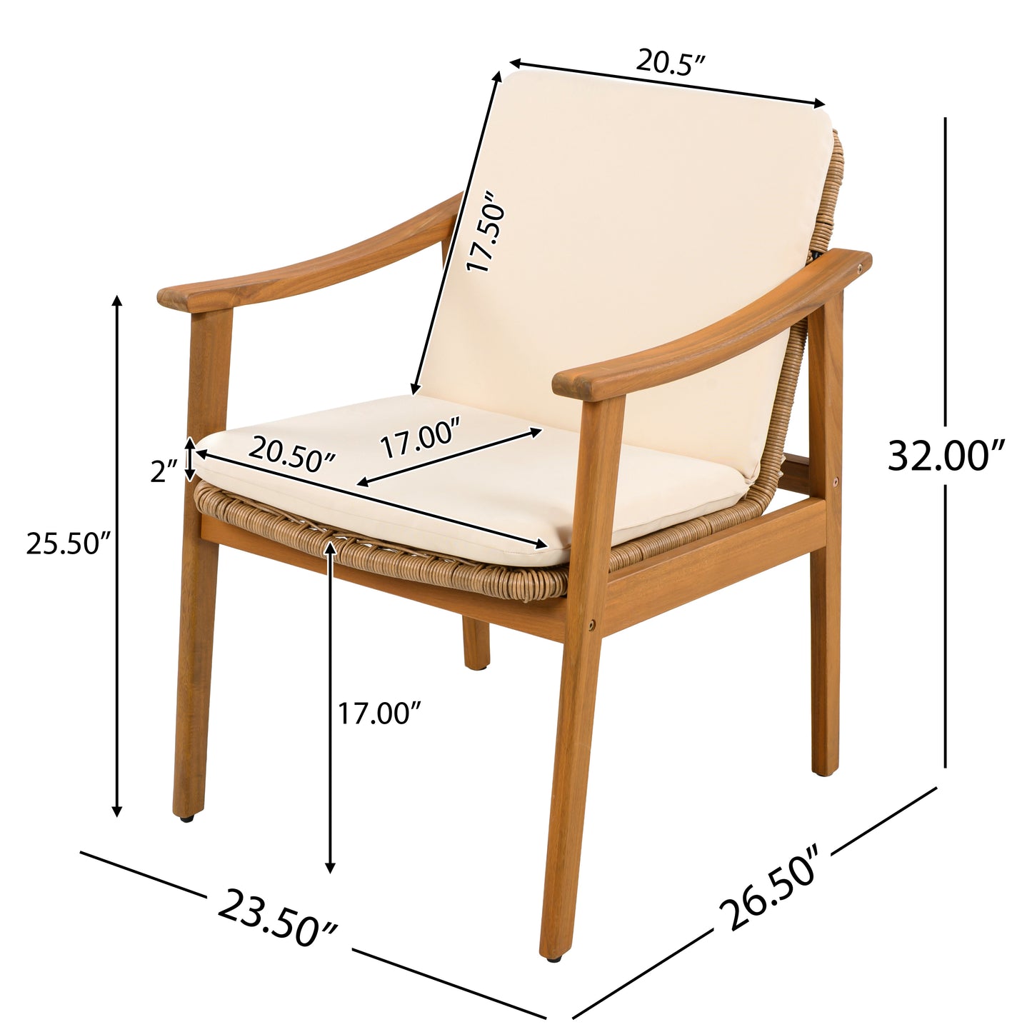 Outdoor Dining Chairs Set Of 2, Teak Color Acacia Wood Frame, Brown PE Wicker, Beige Waterproof Cushion, Ideal For Patios, Gardens