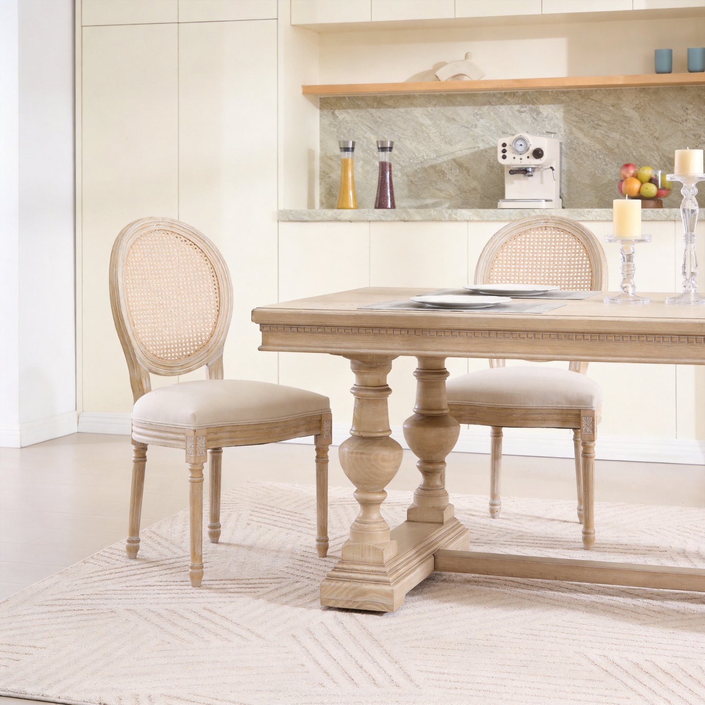 French Country Dining Chairs Set Of 2, Upholstered  Chairs With  Rattan Round Back, Wire Drawing And Carving Techniques ,Disassemblable ,  For Living Room, Kitchen , Restaurant Use, Beige