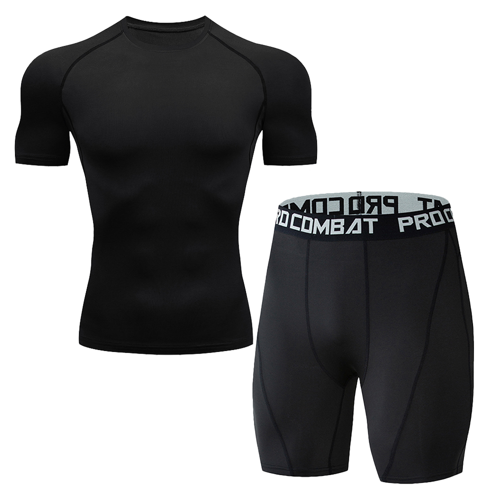 Men Quick Dry Compression Suit 2 Pieces Athletic Short Sleeve Tight Shirt Elastic Waist Sports Shorts Gym Running Training Fitness Base Layer Underwear Set