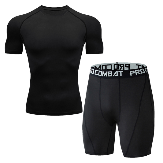 Men Quick Dry Compression Suit 2 Pieces Athletic Short Sleeve Tight Shirt Elastic Waist Sports Shorts Gym Running Training Fitness Base Layer Underwear Set