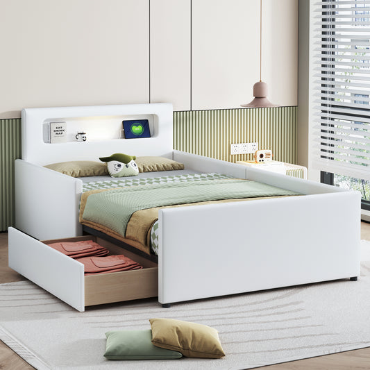 Upholstered Bed Children's Bed 90X200 Cm, With Night Light And USB Charging Port, With Storage Compartments, Raised Side Panels For Safety, Simple Single Bed, Boy And Girl Bed, Faux Leather Fabric, Wh