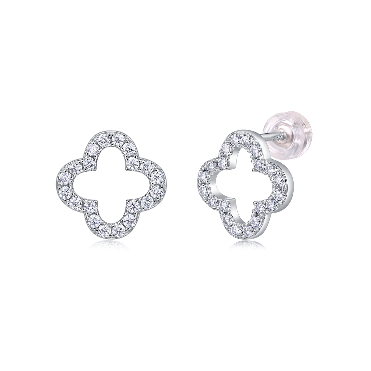 S925 Sterling Silver Open Clover Stud Earrings, D-VVS1 Moissanite Pave Outline, Platinum Plated 1.6g Women's Jewelry Gift Box