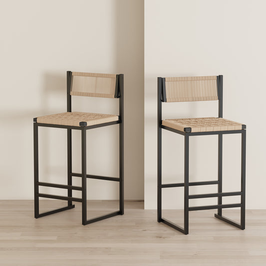 Kitchen Bar Stools With Footrest Set Of 2 Paper Rope Weave Dining Chairs Counter Height Barstool  Style B Black & Honey