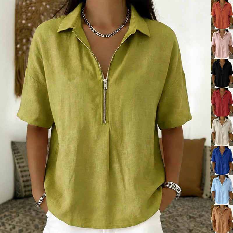Womens Fashion Solid-color Zip-up Short-sleeve T-shirt