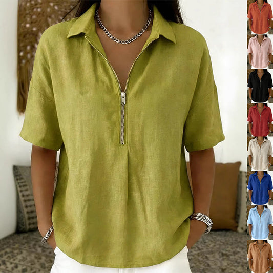 Womens Fashion Solid-color Zip-up Short-sleeve T-shirt