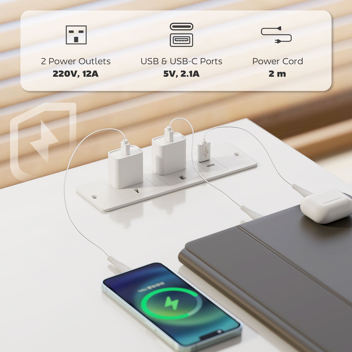 Computer Desk, With Power Sockets - White