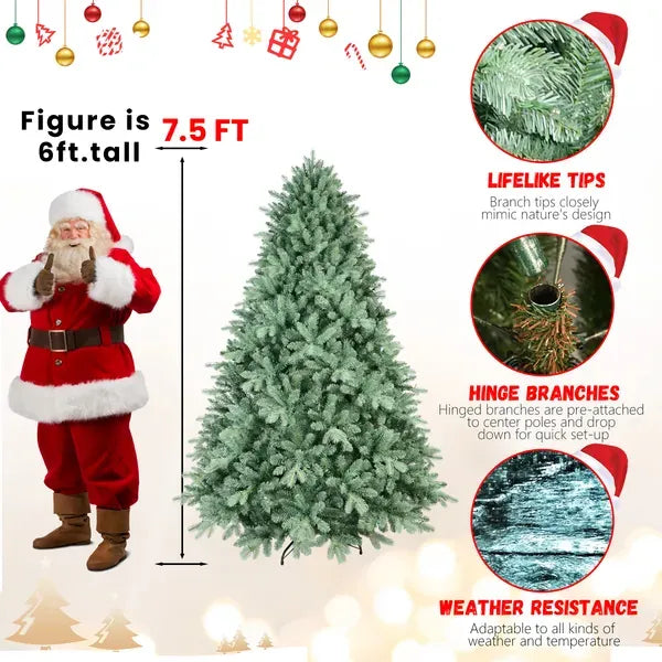 Artificial 7.5ft Blue Green Tint Christmas Tree With 2908 PE/PVC Mixed Branch Tips, Memory Wire+iron Wire, Hinged Premium & Foldable Base For Indoor Holiday Decorating