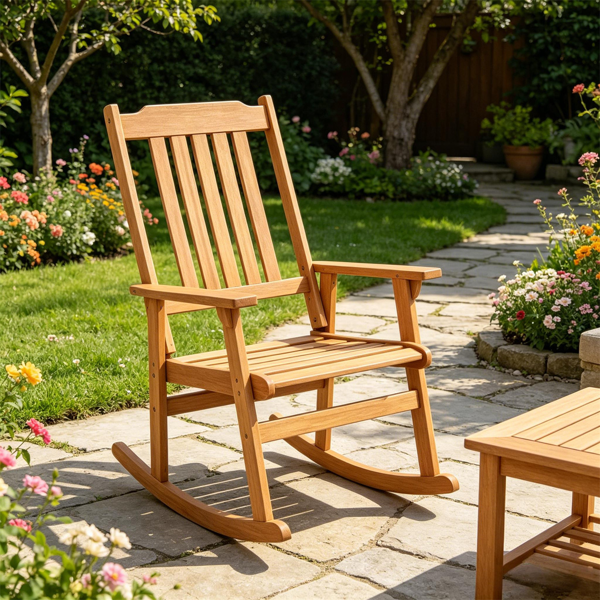 Solid Acacia Wood Outdoor Rocking Chair, Heavy Duty 400LBS Capacity Porch Rocker With Slatted Back For B Ackyard Deck Garden