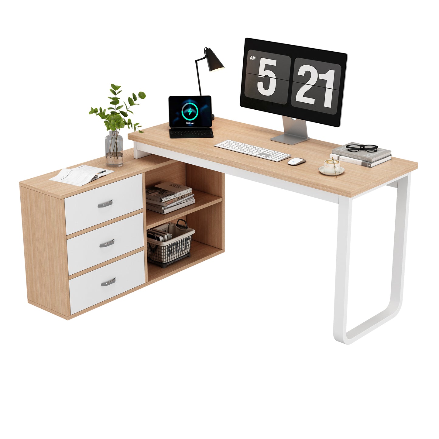 Simple Desk, Office Desk, Three Drawers, Two Open Storage Compartments, Solid Steel Tube, Wide And Thick Table Top, Stable Load Capacity, Natural