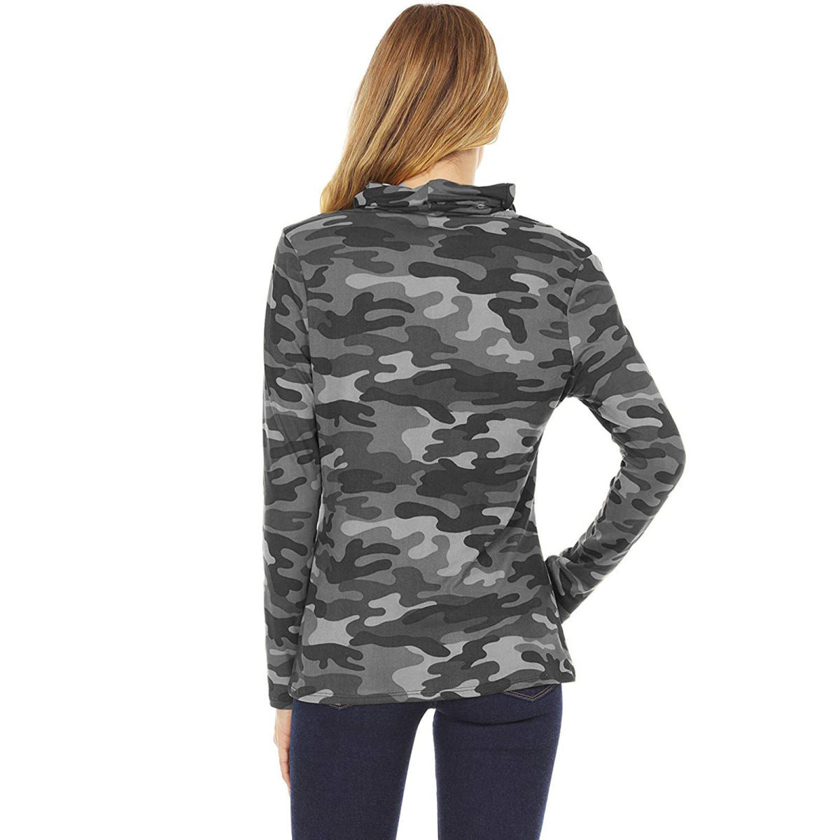 Women Camo Print Long Sleeve Turtleneck Shirts With Built-in Face Mask, Stretchy Lightweight Neck Gaiter Pullover Outdoor Windproof Tops