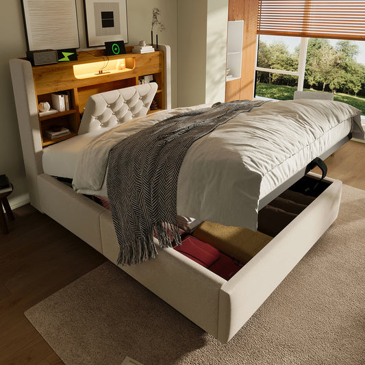 Upholstered Bed 90x200cm With Hydraulic Bed Storage & LED Lighting, Bed Frame With USB Type-C Charging Function, Headboard With Shelf & Storage Space, Linen Fabric, Beige Without Mattress