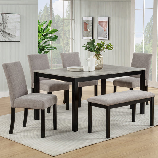 6-Piece Dining Table Set with Bench, Solid Wood Kitchen Table with Concrete-Effect Melamine Tabletop and 4 Upholstered Chairs for Dining Room, Kitchen, Restaurant, Grey & Black