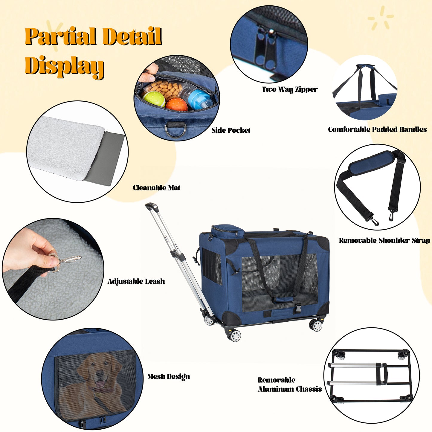 2 In 1, 28   Collapsible Travel Dog Crate For Medium Large Dogs, Rolling Pet Carrier With Wheels, 3-Door Portable Folding Pet Kennel With Mesh Windows, Indoor Outdoor Travel Use, Dark Blue