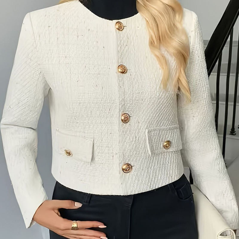 Korean-style Off-white Crew-neck Cropped Coat Button-front Top