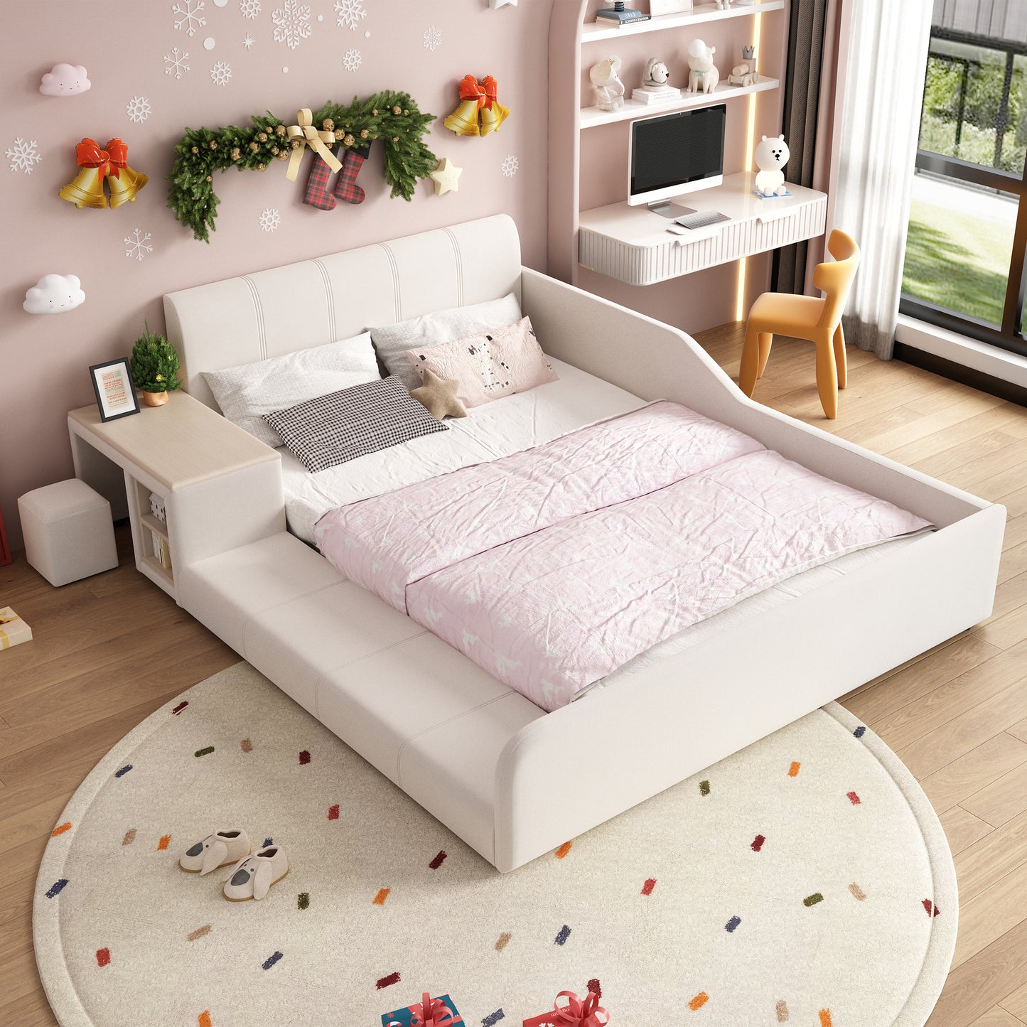 Upholstered Bed With Children's Desk And Stool, With Shelf, Soft Headboard, Children's Bed With Wooden Slats, Velvet, White, 140x200cm
