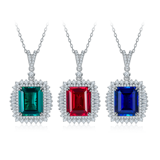 S925 Sterling Silver 10x12mm Lab-Grown Ruby Sapphire Emerald Halo Pendant Necklace, Platinum Plated 40&45cm Chain, 5.5g Women's Jewelry Gift Box