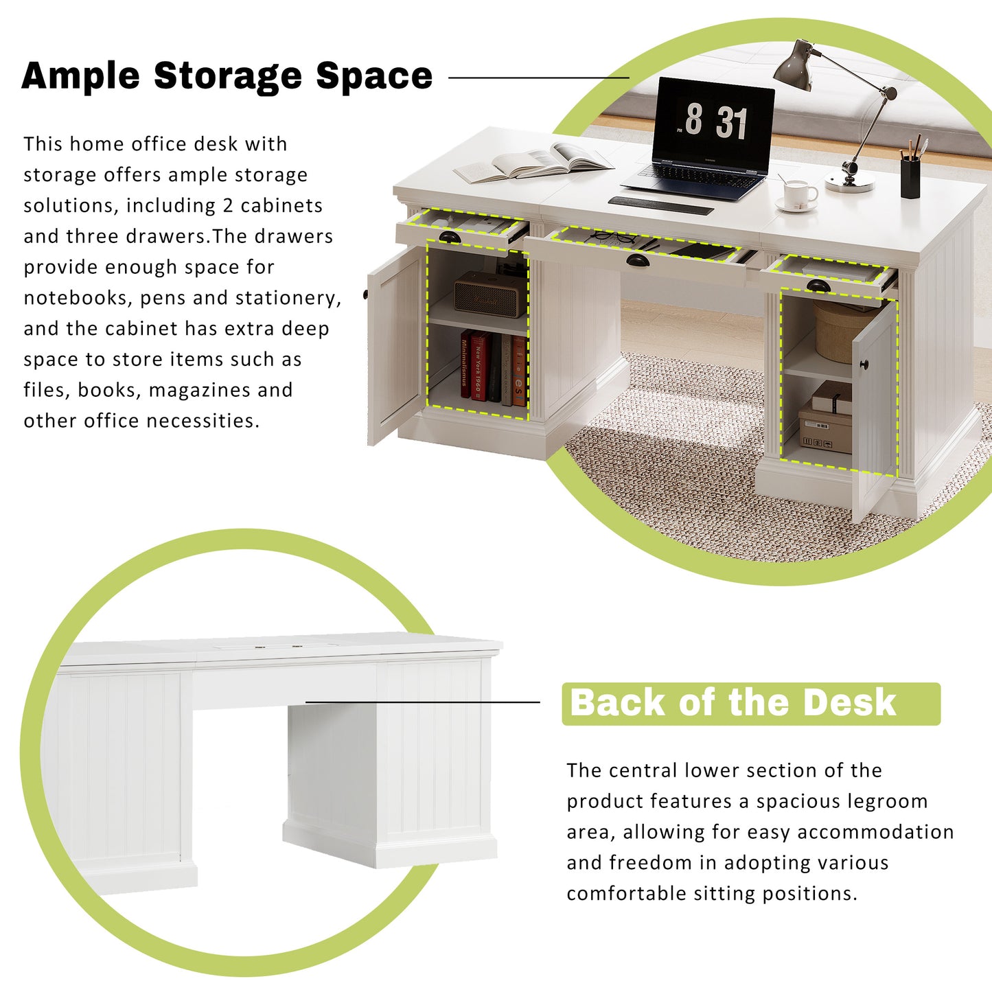 67 Modern Executive Desk,Computer Desk With 2 Wooden Doors Storage Cabinet And 3 Drawers, Rectangle Home Office Desk  ,Reading Desk,Writing Table,Workstation For Home Office,Living Room,Study,White