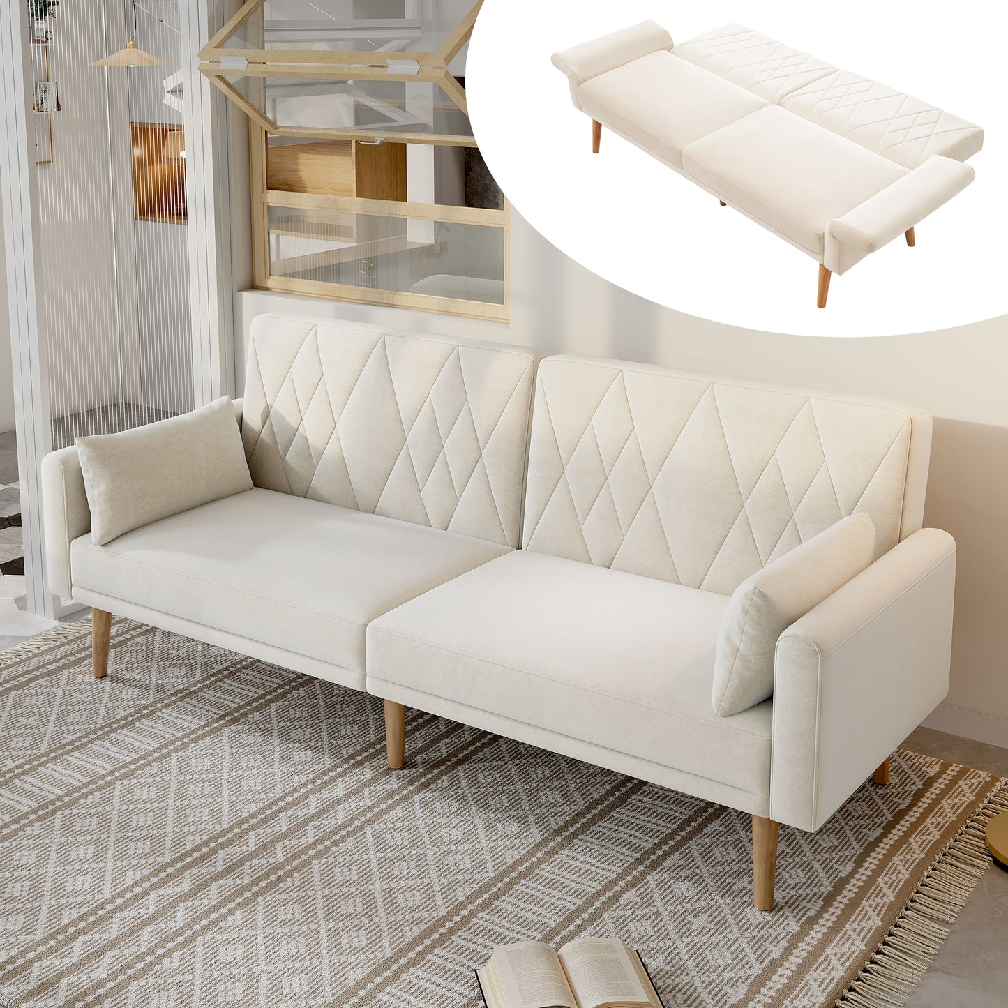 Small Sofa, Two-seater Sofa, Sofa Bed, Sofa Bed With Sleeping Function, Velvet Fabric Sofa Bed, Suitable For Living Room, Bedroom, Home Cinema, Guest Room.