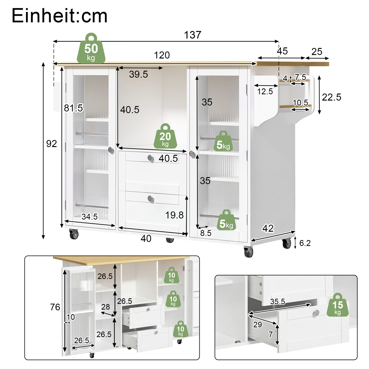 Kitchen Island On Wheels With Folding Worktop, Freestanding Kitchen Cabinet, Serving Trolley With Storage, 2 Drawers, Spice Rack, Towel Rail, Lockable Castors, 120 X45x 92 Cm