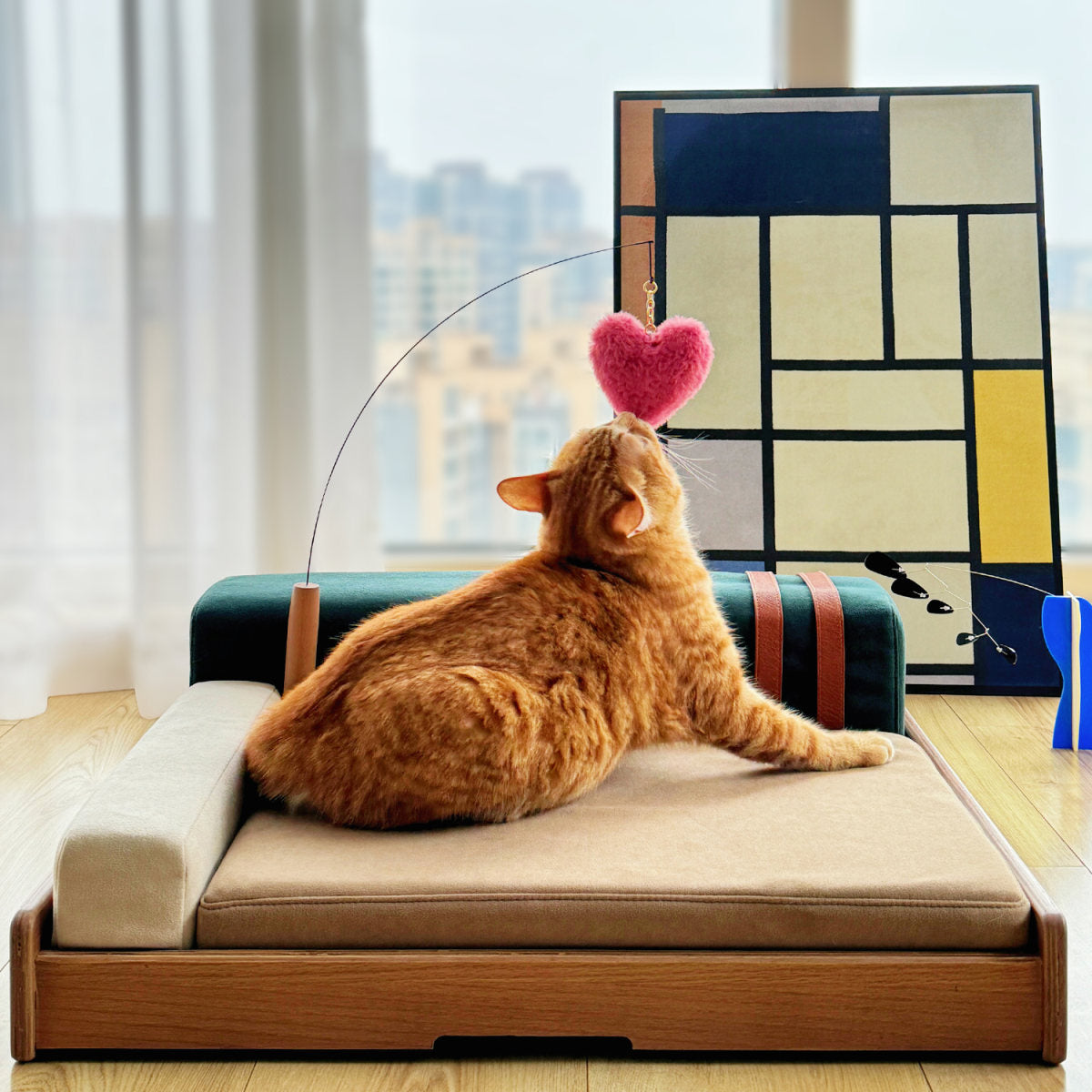 Modern Wooden Pet Bed For Cats & Dogs -Oak Veneer, Scratch-Resistant Fabric, Removable Cushion