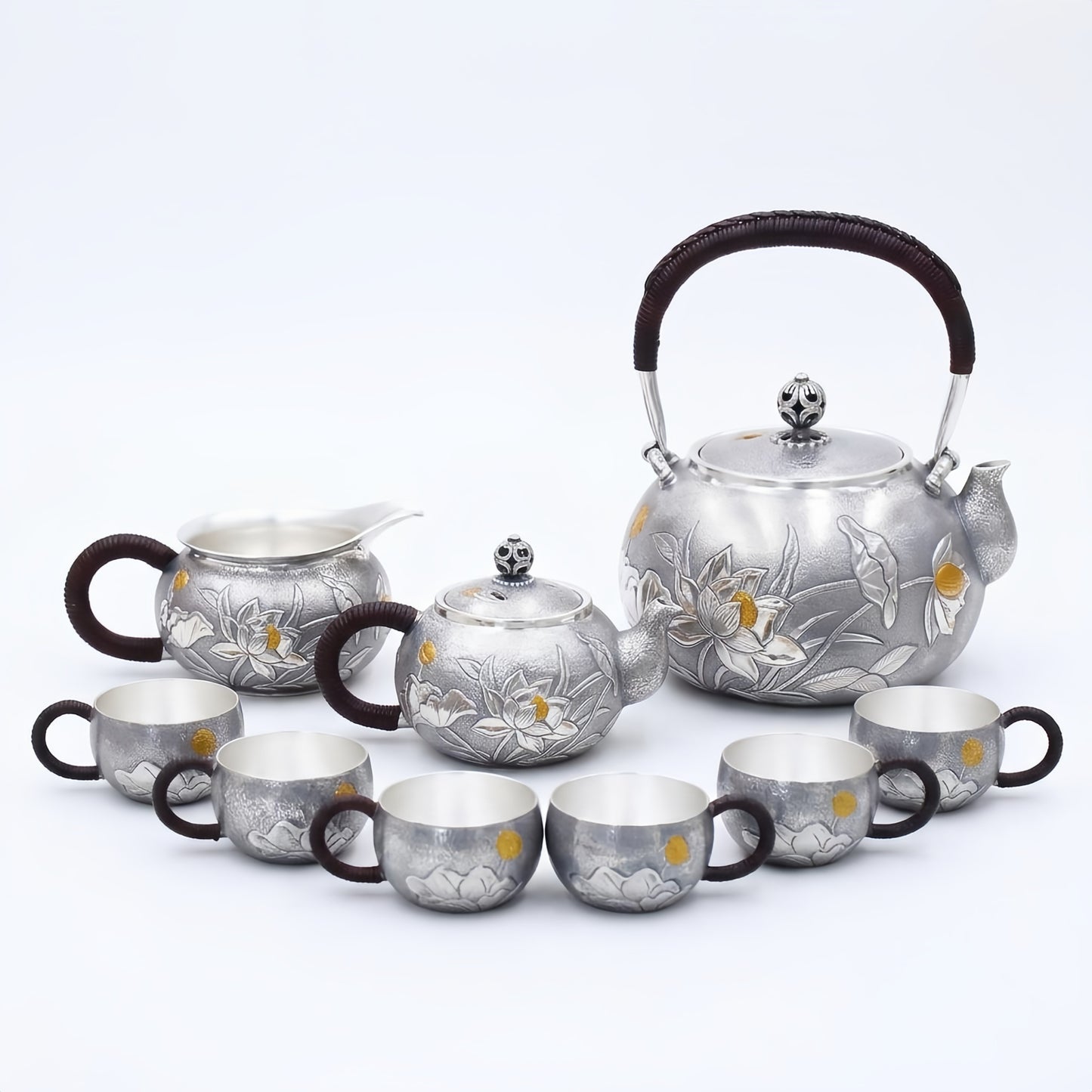 925 Sterling Silver Elegant Lotus Blossom Motif Metal Tea Service Featuring Kettle Teapot and Matching Teacups - Handicraft