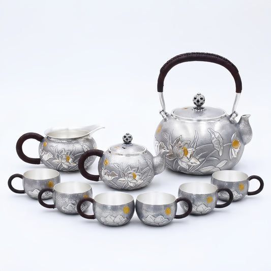 925 Sterling Silver Elegant Lotus Blossom Motif Metal Tea Service Featuring Kettle Teapot and Matching Teacups - Handicraft
