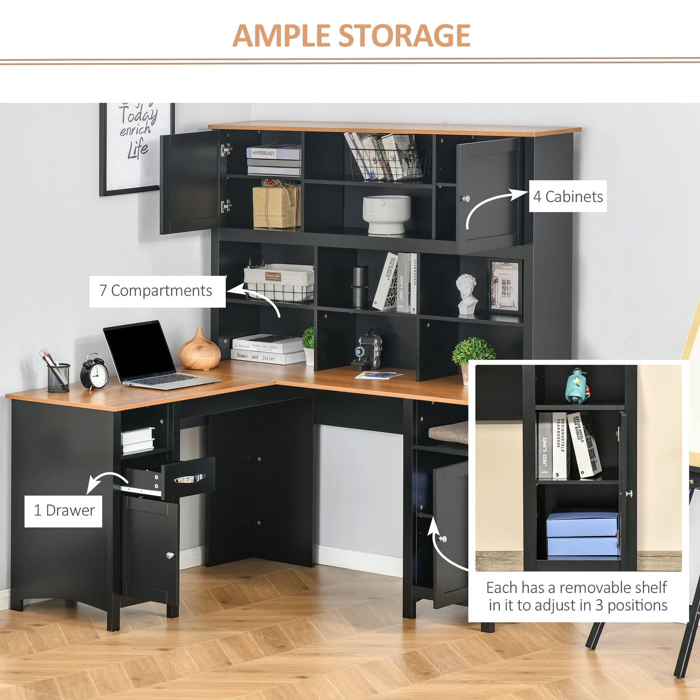 L Shaped Computer Desk with Hutch, 59" Corner Desk, Space Saving Home Office Desk with Storage Shelves, Drawer and Cabinet, Black