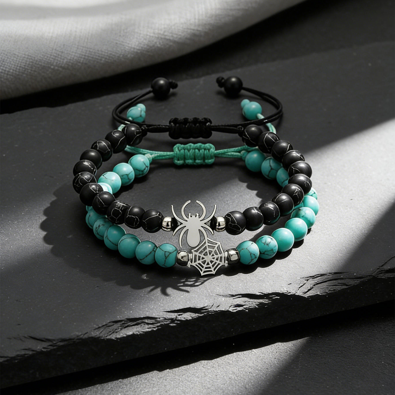 2pcs Matching Spider Web Bracelets For Couples Men Women, Natural Stone Black White Beaded Bracelets, Y2K Goth Punk Friendship Jewelry, Birthday Valentine's Day Gift For Best Friend Boyfriend Girlfrie