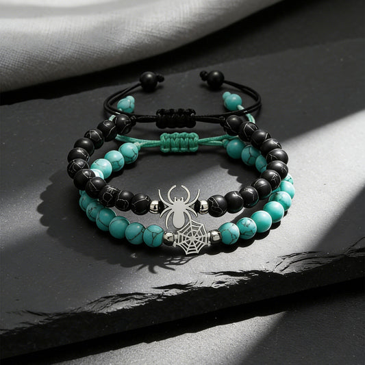 2pcs Matching Spider Web Bracelets For Couples Men Women, Natural Stone Black White Beaded Bracelets, Y2K Goth Punk Friendship Jewelry, Birthday Valentine's Day Gift For Best Friend Boyfriend Girlfrie