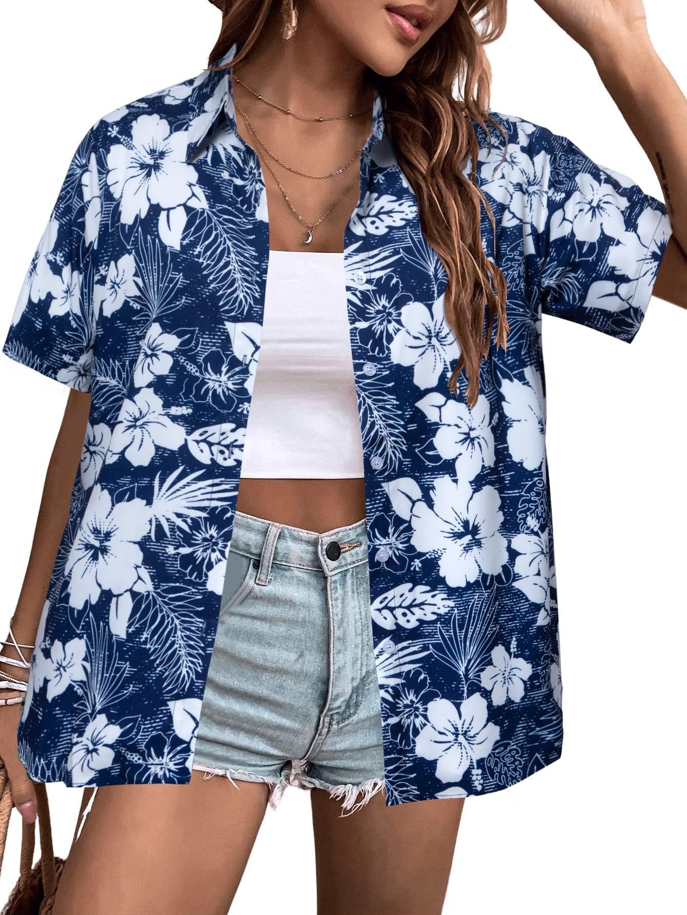 Womens Fashion Plus-Size Floral Loose-Fitting Shirt