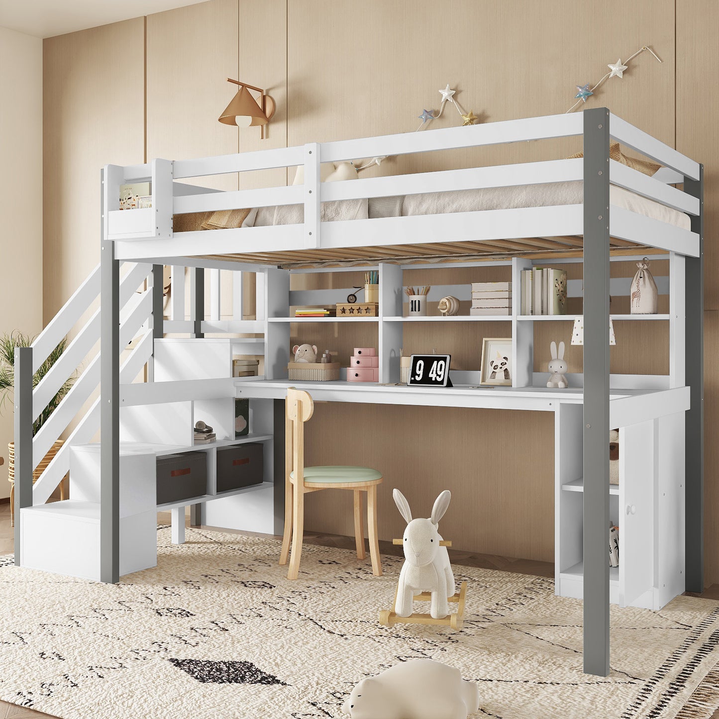 Half-high Bed, With Fabric Storage Box, Ample Storage Space, With Side Ladder, Open Shelf, Youth Bed With Desk And Lockers, Pine MDF, White Grey, 90x200cm